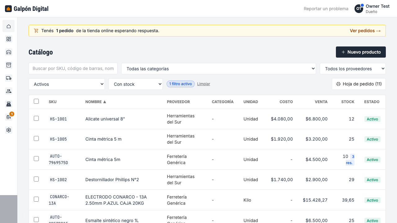 En el Catálogo, el selector de stock tiene la opción nueva "Con stock": la lista muestra solo los productos que tenés cargados. Con "Limpiar" volvés a ver todo.