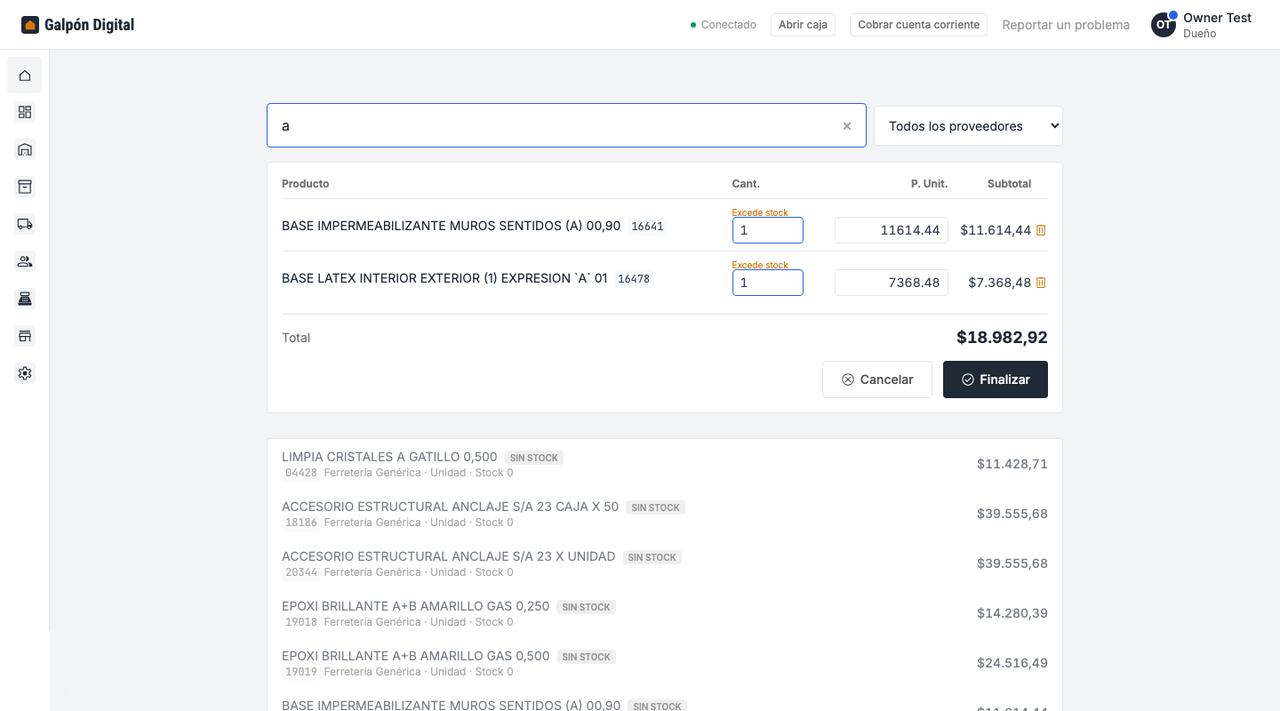 Con un ticket corto (1 o 2 líneas) todo queda uno debajo del otro: buscador, ticket y lista de productos. Los productos sin stock quedan al final, atenuados y con la etiqueta "Sin stock".