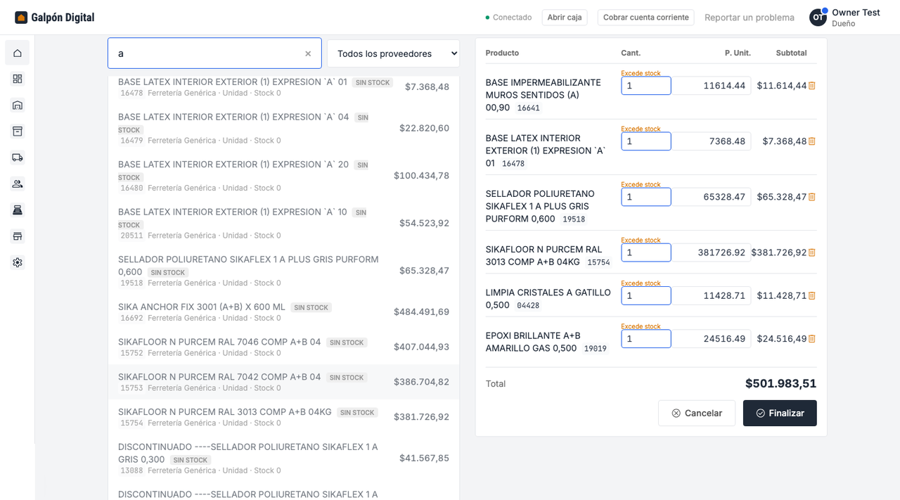 Al bajar por la lista, el buscador y el ticket se quedan quietos. Aunque el ticket tenga seis líneas, el Total y el botón Finalizar siguen a la vista.