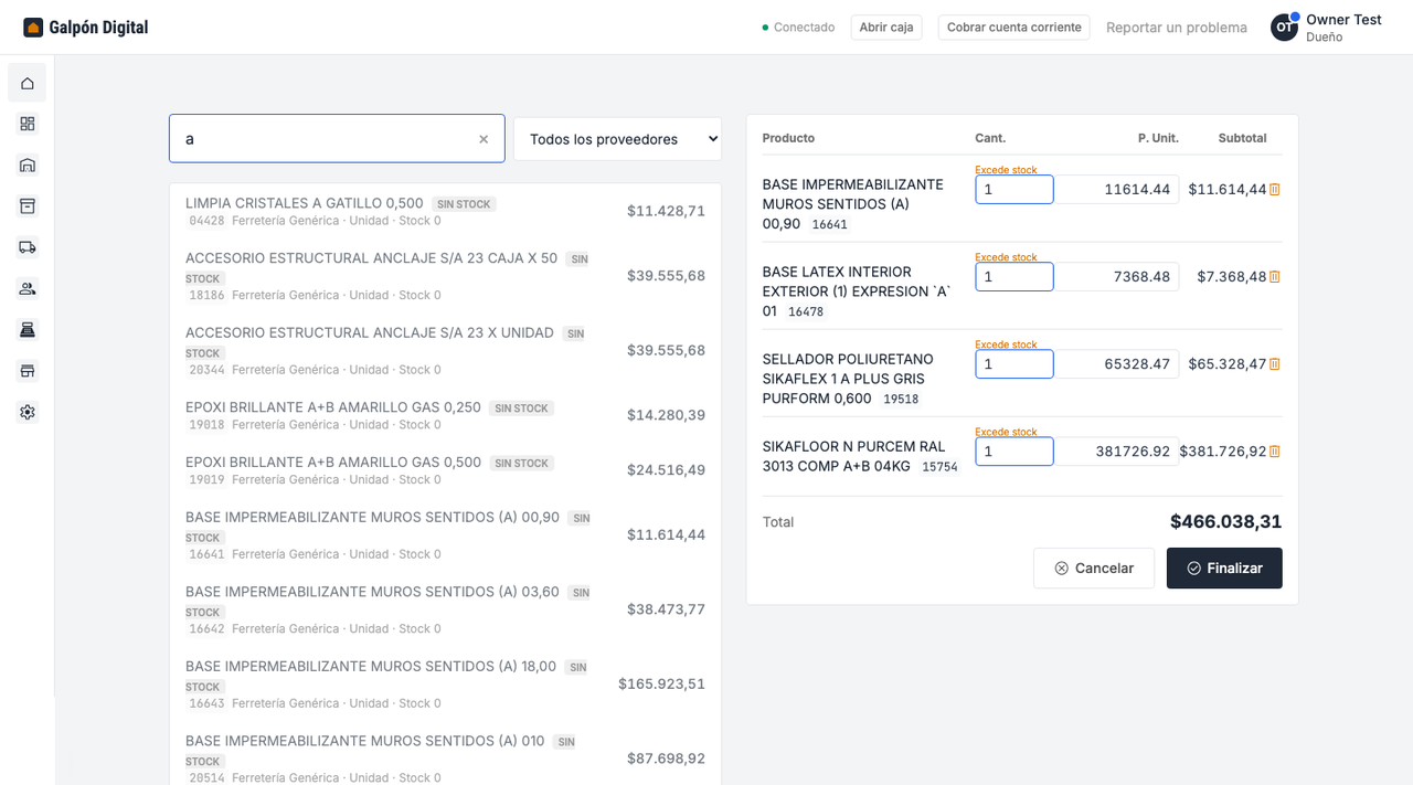Cuando el ticket crece, el Mostrador se parte en dos: a la izquierda el buscador y la lista, a la derecha el ticket con su Total y los botones Cancelar y Finalizar.